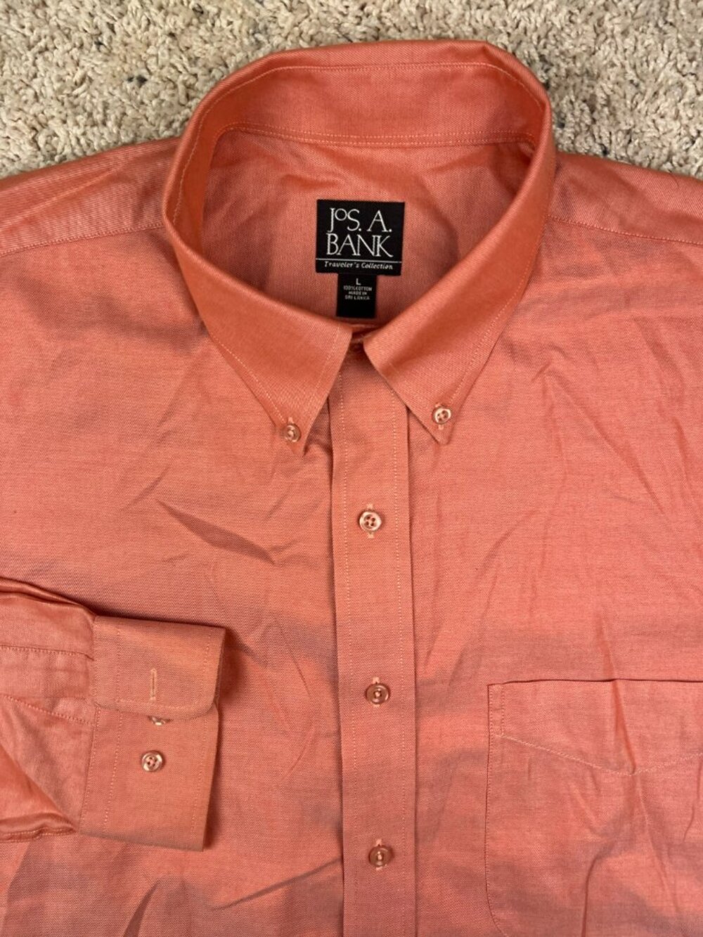 Jos A Bank Mens Shirt L Solid Orange Button Up Travelers Collection Cotton